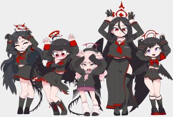 Rule 34 | 5girls, antenna hair, armband, arms up, black choker, black gloves, black hair, black serafuku, black skirt, black socks, black thighhighs, black wings, blood, blood halo, blue archive, breasts, caramelldansen, choker, dancing, feathered wings, gloves, grin, hair between eyes, hair ornament, hairclip, halo, hasumi (blue archive), head wings, height difference, ichika (blue archive), justice task force (blue archive), koharu (blue archive), large breasts, liquid halo, long hair, long sleeves, low wings, mashiro (blue archive), melting halo, mole, mole under eye, multiple girls, neamosub, neckerchief, open mouth, pink eyes, pink hair, pleated skirt, purple eyes, rabbit pose, red eyes, red halo, red neckerchief, sailor collar, school uniform, serafuku, short hair, skirt, smile, socks, thighhighs, tsurugi (blue archive), twintails, very long hair, winged halo, wings