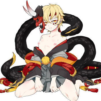 1boy bishounen black_footwear black_haori black_kimono black_trim blonde_hair closed_mouth collarbone eye_tattoo facial_mark facial_tattoo geta grey_hakama grey_kimono grey_skirt hair_between_eyes hakama hakama_short_skirt hakama_skirt half-closed_eyes hannya_(onmyoji) hannya_mask haori headband highres horned_mask injury japanese_clothes jitome kimono kneeling layered_clothes layered_kimono legs_apart long_sleeves looking_at_viewer male_focus mask mask_on_head moto_mitsuashi multicolored_haori multicolored_kimono nipples off-shoulder_kimono off_shoulder off_shoulder_haori on_floor oni_mask onmyoji orange_eyes orange_haori orange_trim pointy_ears pom_pom_(clothes) red_headband red_kimono red_mask red_rope rope rope_belt short_hair sidelocks simple_background sitting skirt slit_pupils snake solo tagme tattoo tattoo_under_eye trap wariza white_background yellow_pom_poms