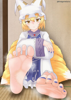 1girl animal_ears barefoot blonde_hair blush feet fox_tail highres kitsune looking_at_viewer medium_hair multiple_tails soles steam subgametarou tail tatami toes touhou yakumo_ran yellow_eyes