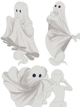 ._. 1boy 1girl angry bed_sheet breasts commentary english_commentary fleeing ghost ghost_costume ghost_tail highres large_breasts mrfishcorpse original pulling running sheet_grab smile solid_circle_eyes taut_clothes white_background