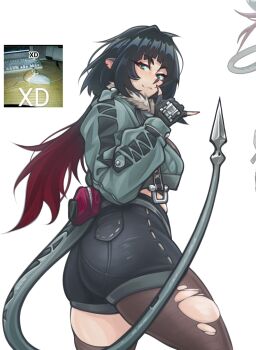 Rule 34 | 1girl, 2025, :d, animal ears, ass, black hair, black shorts, boots, breasts, brown pantyhose, brown thighhighs, coat, commentary, ear piercing, female focus, fingernails, from side, gradient hair, grey boots, grey coat, high heel boots, high heels, highres, jane doe (zenless zone zero), long hair, looking at viewer, m/, mechanical tail, medium breasts, midriff peek, mouse ears, mouse girl, mouse tail, multicolored hair, nail polish, open mouth, pantyhose, piercing, prehensile tail, red hair, red nails, russian commentary, shorts, sideboob, simple background, single leg pantyhose, single thighhigh, sleeveless, smile, smirk, solo, standing, tail, thighhighs, torn clothes, torn pantyhose, torn thighhighs, two-tone hair, white background, xd, zap-nik, zenless zone zero