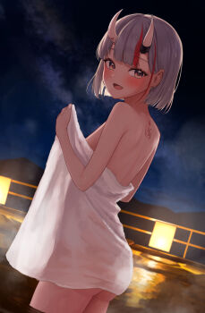 1girl absurdres back_tattoo blunt_bangs blunt_ends blush bob_cut breasts center-flap_bangs commentary_request dutch_angle fang grey_hair hair_between_horns highres hololive horns kakinotane_e looking_at_viewer multicolored_hair naked_towel nakiri_ayame night official_alternate_hair_length official_alternate_hairstyle oni onsen open_mouth outdoors red_eyes red_hair revision short_hair skin-covered_horns skin_fang sky small_breasts solo steam streaked_hair tattoo towel two-tone_hair virtual_youtuber wading