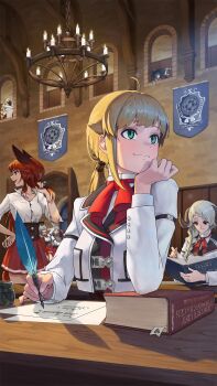 1boy 6+girls absurdres ahoge aqwariate arch arms_behind_head banner black_corset black_hair blonde_hair blue_hair book braid breasts brown_cloak button_gap chandelier character_request cliff_grimoire cloak closed_mouth collared_shirt commentary corset cropped_jacket curled_horns dress_shirt drill_hair elf elinalise_dragonroad english_commentary food green_eyes hair_between_eyes hair_over_shoulder hand_on_own_hip hat high-waist_skirt highres holding holding_food holding_staff horns indoors jacket kiss large_breasts large_hat long_hair low-tied_long_hair mage_staff multiple_drills multiple_girls mushoku_tensei neckerchief norn_greyrat open_book open_door paper pleated_skirt pointy_ears pursena_adoldia quill ranoa_magic_academy_school_uniform red_hair red_neckerchief red_skirt rinia_dedoldia roxy_migurdia school_uniform shirt single_braid sitting skirt slice_of_life smile staff standing table thick_eyebrows white_hair white_jacket white_shirt witch_hat wooden_table writing