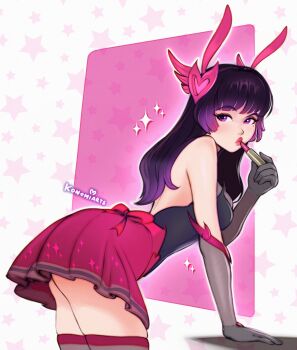 1girl absurdres against_table applying_lipstick applying_makeup applying_own_makeup arm_support artist_name ass ass_peek back bare_shoulders black_eyeliner black_eyeshadow black_hair black_leotard bow breasts check_clothing clothing_request colored_eyebrows commentary cosmetics d.va_(overwatch) elbow_gloves english_commentary eyelashes eyeliner eyeshadow from_side gloves gradient_hair grey_gloves grey_thighhighs hair_ornament hand_up headwear_request heart highres holding holding_lipstick_tube konomidraws leaning_forward leaning_on_object leaning_on_table leotard lipstick lipstick_tube long_hair looking_back makeup medium_breasts miniskirt mole mole_under_eye multicolored_hair multicolored_thighhighs overwatch pleated_skirt puckered_lips purple_background purple_eyes purple_hair purple_skirt purple_thighhighs raised_eyebrow red_bow red_lips simple_background skirt solo sparkle sparkling_eyes star_(symbol) star_symbol_background striped_clothes striped_thighhighs swept_bangs thighhighs thighs turning_head two-tone_background two-tone_hair two-tone_thighhighs white_background