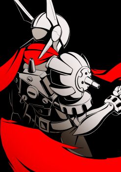 1boy absurdres black_hair bodysuit commentary cowboy_shot digimon digimon_(creature) digimon_story:_time_stranger english_commentary festus_flare from_behind helmet highres justimon male_focus mechanical_arms partially_colored red_scarf scarf simple_background single_mechanical_arm solo