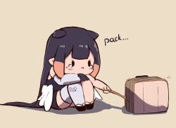 Rule 34 | 1girl, animal ears, black dress, black gloves, black hair, blunt bangs, blush, blush stickers, brown background, center-flap bangs, chibi, chibi only, commentary, detached sleeves, double-parted bangs, dress, elun (elun 00), english commentary, english text, feathered wings, gloves, holding, holding stick, hololive, hololive english, hugging own legs, knees up, looking at object, low wings, mole, mole under eye, ninomae ina&#039;nis, ninomae ina&#039;nis (1st costume), orange hair, pointy ears, poking, short dress, sidelocks, simple background, single detached sleeve, single glove, single thighhigh, sitting, solid oval eyes, solo, stick, strapless, strapless dress, suitcase, tearing up, tentacle hair, thighhighs, tube dress, virtual youtuber, white thighhighs, white wings, wings