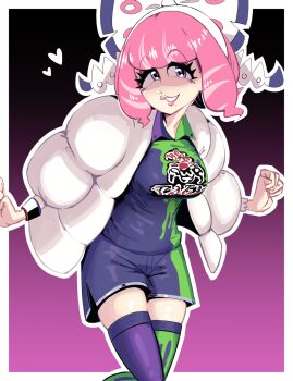 1girl bow bracelet breasts collared_shirt drill_hair drill_sidelocks dynamax_band eyeshadow flipped_hair fur_jacket hair_bow hairband heart highres jacket jewelry klara_(pokemon) makeup medium_breasts mole mole_under_mouth multicolored_thighhighs nintendo pink_eyeshadow pink_hair pink_lips pokemon pokemon_swsh print_shirt print_shorts purple_eyes shaded_face shirt short_hair shorts shsldictatorprincess side_slit side_slit_shorts sidelocks smile solo two-tone_shirt two-tone_shorts two-tone_thighhighs white_bow white_hairband