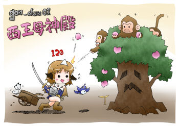 1girl 2000s_(style) alchemist_(ragnarok_online) bird black_wings blue_bird blue_dress blue_gloves boots border brown_boots brown_hair chibi chibi_only commentary_request damage_numbers dress elbow_gloves enchanted_peach_tree filir_(ragnarok_online) fingerless_gloves food fruit full_body gloves head_wings holding holding_shield holding_sword holding_weapon monkey open_mouth peach pullcart ragnarok_online shield shinozuki_takumi short_hair smile solid_circle_eyes solo sword throwing translation_request tree triangular_headpiece weapon white_border wings