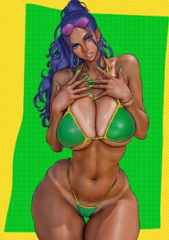 1girl absurdres b_0_rukia bikini black_hair blue_eyes brazilian_flag brazilian_flag_print breasts cleavage collarbone curvy dark-skinned_female dark_skin earrings eyewear_on_head fingernails flag_print green_nails highres hoop_earrings huge_breasts jewelry large_breasts long_eyelashes long_hair looking_at_viewer navel navel_piercing nico_robin one_piece piercing ponytail smile solo stomach sunglasses swimsuit tan tanline thick_thighs thighs toned toned_female