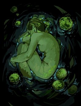1girl absurdres black_background closed_eyes colored_skin commentary curled_up english_commentary from_above green_hair green_skin highres hugging_own_tail hugging_tail mermaid monster_girl moss original painterly simple_background solo tail twulfs