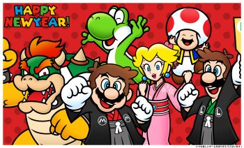 blonde_hair bowser brown_hair dinosaur fangs gloves highres japanese_clothes jumping kimono luigi mario mario_(series) new_year nintendo princess_peach rukisan_1117 smile toad_(mario) turtle yoshi yukata
