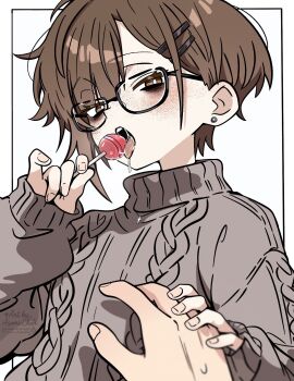 1boy 1girl artist_name asami-chan asymmetrical_bangs bags_under_eyes blurry blurry_foreground bright_pupils brown_eyes brown_hair brown_sweater candy earrings food freckles hair_ornament hairclip half-closed_eyes hand_grab hand_up highres holding holding_candy holding_food holding_lollipop hozuki_asami_(asami-chan) jewelry licking lollipop long_sleeves open_mouth original pov pov_hands saliva short_hair stud_earrings sweatdrop sweater turtleneck turtleneck_sweater upper_body watermark white_pupils