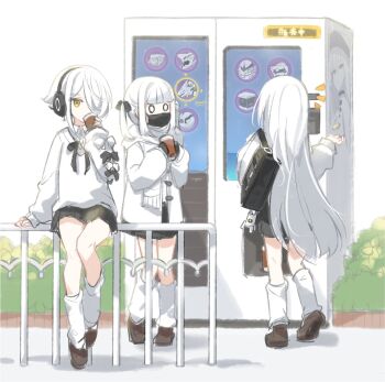 3girls binah_(blue_archive) blue_archive coffee coin ein_(blue_archive) hair_over_one_eye hair_ribbon headphones ideolo long_hair malkuth_(blue_archive) mask multiple_girls ohr_(blue_archive) ribbon shirt skirt socks sof_(blue_archive) symbol-shaped_pupils triplets vending_machine white_hair white_shirt white_socks x-shaped_pupils yellow_eyes
