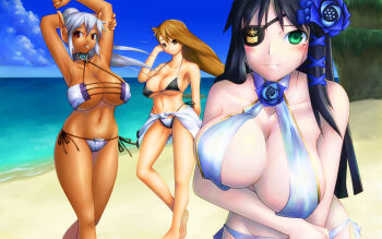 3girls armpits beach bikini black_hair blue_flower blue_rose breasts brown_eyes brown_hair cleavage crossover dark-skinned_female dark_skin day elf eyepatch fantasy_earth_zero flower green_eyes grey_hair hair_flower hair_ornament highres huge_breasts kanatsuki_tatsuya large_breasts long_hair multiple_girls nagisa_(phantasy_star) phantasy_star phantasy_star_online_episode_iii phantasy_star_portable_2 phantasy_star_portable_2_infinity pointy_ears ponytail red_eyes rose sega sil&#039;fer swimsuit wadrite_berkstein_hordaine