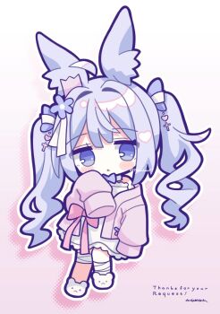 1girl animal_ears animal_slippers bandaged_leg bandages bear_slippers blue_eyes blue_hair blush_stickers bow chibi chibi_only commentary commission dress drop_shadow full_body gradient_background hair_bow hand_up hashtag-only_commentary highres jacket long_hair long_sleeves looking_at_viewer nakkar open_clothes open_jacket original outline parted_lips pink_background pink_jacket purple_bow rabbit_ears rabbit_girl signature skeb_commission sleeves_past_fingers sleeves_past_wrists slippers solo standing standing_on_one_leg twintails twitter_username white_dress white_outline white_slippers
