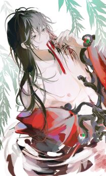 1boy aaawwwssslll bare_pectorals bishounen black_eyes black_hair blood blood_on_face chinese_clothes chinese_commentary closed_mouth clothes_down coin coin_mask collarbone creature dao_gui_yi_xian eyeball hair_between_eyes hair_down hand_up hanfu highres holding holding_mask holed_coin leaf li_huowang li_sui_(tentacles) liquid long_hair male_focus mask messy_hair mouth_hold nipples off_shoulder open_clothes open_robe partially_submerged pectorals plant red_ribbon red_robe ribbon ribbon_in_mouth ripples robe solo string tentacles tentacles_on_male topless_male unworn_mask upper_body water white_background