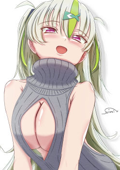 1girl :d alternate_costume armpit_crease bare_shoulders blush breasts cleavage cleavage_cutout clothing_cutout collarbone commentary green_hair green_streaks grey_sweater hair_between_eyes heaven_burns_red highres large_breasts long_hair looking_at_viewer multicolored_hair ooshima_isuzu open_mouth pink_eyes pink_pupils ribbed_sweater signature simple_background sleeveless sleeveless_sweater smile solo streaked_hair suimei_(ramebi3) sweater turtleneck turtleneck_sweater two_side_up upper_body very_long_hair virgin_killer_sweater white_background