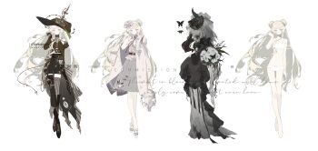 Rule 34 | 1girl, absurdres, asymmetrical legwear, belt, belt buckle, black belt, black butterfly, black dress, black hat, black veil, blonde hair, blue eyes, bouquet, braid, brown belt, buckle, bug, butterfly, closed mouth, clothes on and off, coat, commission, cotton (plant), dot mouth, dress, flower, full body, gloves, hand in own hair, hat, hat feather, hat ornament, highres, holding, holding bouquet, insect, lapels, long hair, looking at viewer, mihuashi commission, mismatched legwear, original, shen a fang, shirt, shoes, skirt, standing, variations, veil, white background, white coat