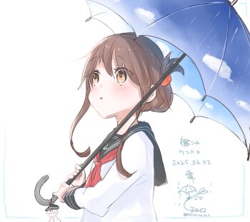 1girl black_sailor_collar brown_eyes brown_hair character_name copyright_name dated folded_ponytail highres inazuma_(kancolle) kantai_collection kurohina_(kurohina_66_s) long_hair looking_up neckerchief one-hour_drawing_challenge red_neckerchief sailor_collar sailor_shirt school_uniform serafuku shirt simple_background solo umbrella upper_body white_background white_shirt