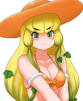 1girl adansosutega alternate_costume armband bare_shoulders bikini blonde_hair blush collarbone gradient_hair green_eyes green_hair hair_between_eyes highres jack-o&#039;-lantern_(kemono_friends) kemono_friends long_hair looking_at_viewer multicolored_hair orange_bikini plant_hair sidelocks sleeveless smile solo swimsuit upper_body