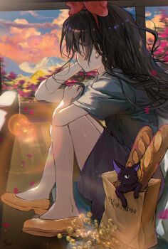1girl adjusting_hair bag baguette black_cat black_hair bow bow_hairband bread cat cloud cloudy_sky dress evening falling_petals food hairband highres jiji_(majo_no_takkyuubin) kiki_(majo_no_takkyuubin) lens_flare long_hair majo_no_takkyuubin mountainous_horizon orange_shoes paper_bag petals red_bow saya_(mychristian2) shoes short_sleeves sitting sky solo sunset