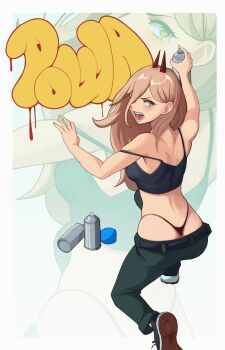 1girl absurdres ass back belt bikini black_pants black_tank_top blush breasts can chainsaw_man commentary cross-shaped_pupils demon_girl demon_horns english_commentary facing_away fingernails graffiti hair_between_eyes highres holding holding_spray_can horns kneeling long_hair_between_eyes looking_at_viewer looking_back milkmountain on_one_knee one_eye_covered pants power_(chainsaw_man) red_horns sharp_teeth shoes sneakers solo spray_can spray_paint swimsuit symbol-shaped_pupils tank_top teeth thong thong_bikini whale_tail_(clothing)
