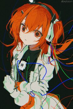 1girl adachi_rei aliasing artist_name black_background black_shirt commentary cpu crossed_arms film_grain floating_hair hair_between_eyes hair_ornament hair_ribbon hairband hairclip headlamp highres jacket long_hair long_sleeves looking_ahead mechanical_eyes open_clothes open_jacket orange_eyes orange_hair parted_lips peppatan ribbon shirt side_ponytail sidelocks simple_background solo standing twitter_username untranslatable_commentary upper_body utau white_jacket white_ribbon wire