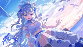 1girl absurdres animal animal_ears animal_on_lap backlighting bare_shoulders bird blue_eyes blue_skirt breasts cat cat_ears cat_girl cat_on_lap cat_tail cleavage cleavage_cutout clothing_cutout crop_top detached_sleeves dutch_angle extra_ears frilled_shirt_collar frills halo headdress heart_cutout high-waist_skirt highres indie_virtual_youtuber kneehighs large_breasts long_hair looking_down melting_halo midriff miniskirt mole mole_under_eye nekone_uyu no_jacket on_lap open_mouth outdoors ribbed_socks second-party_source shirane_rine shirt short_sleeves skirt sleeveless sleeveless_shirt smile socks solo tail tail_raised two_side_up very_long_hair virtual_youtuber white_hair white_shirt white_socks