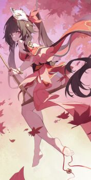 1girl absurdres ass bare_shoulders barefoot bell black_hair closed_mouth detached_sleeves dress feet fox_mask full_body hair_bell hair_ornament highres honkai:_star_rail honkai_(series) jingle_bell leaf long_hair looking_back maple_leaf mask mask_on_head on_swing panties purple_eyes red_dress sitting smile soles solo sparkle_(honkai:_star_rail) swing swinging_on_swing toes twintails underwear very_long_hair white_panties zhishuixy
