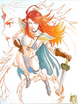 1girl acecore2k aqua_cape aqua_eyes armor bikini_armor black_choker boots breasts brown_gloves cape choker cleavage commentary earrings english_commentary from_above gloves gold_earrings gradient_hair hand_on_own_hip highres hoop_earrings jewelry large_breasts long_hair looking_at_viewer looking_up marker_(medium) midriff multicolored_hair orange_hair pauldrons pen_(medium) pink_lips pinup_(style) planted planted_sword planted_weapon profile red_hair red_sonja red_sonja_(comics) scale_armor shoulder_armor sword thighlet toned toned_female traditional_media weapon white_background