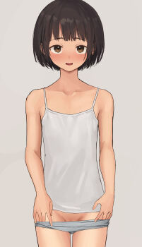 1girl absurdres black_hair blush bob_cut brown_eyes camisole collarbone cowboy_shot flat_chest grey_background grey_camisole grey_panties grey_pants groin highres itsuki_nofuji loli looking_at_viewer mons_pubis no_pants open_mouth original panties pants panty_pull pulling_own_clothes pussy pussy_peek short_hair simple_background smile solo spaghetti_strap standing straight-on tan underwear variant_set wispy_bangs