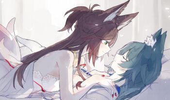 2girls animal_ears brown_hair commentary fox_ears fox_girl fox_tail fud green_eyes green_hair highres honkai:_star_rail honkai_(series) lingerie long_hair lying_on_person multiple_girls red_nails symbol-only_commentary tail tingyun_(honkai:_star_rail) underwear yukong_(honkai:_star_rail) yuri