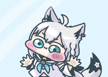 Rule 34 | 1girl, against glass, ahoge, animal ears, aqua eyes, blue neckerchief, blush stickers, braid, brooch, cheek squash, chibi, chibi only, closed mouth, commentary, detached sleeves, earrings, fox ears, fox girl, fox tail, highres, hololive, isapi (sslm pipipi), jewelry, long hair, looking at viewer, neckerchief, puffy cheeks, shirakami fubuki, shirakami fubuki (1st costume), single earring, solo, tail, upper body, virtual youtuber, white hair, window