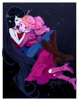 2014 2girls adventure_time artist_name black_hair boots brown_footwear colored_skin dated dress grey_skin knee_boots long_hair marceline_abadeer multiple_girls pink_boots pink_hair pink_skin princess_bonnibel_bubblegum psd signature tiara very_long_hair yuri