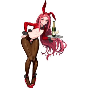 1girl animal_ear_hairband animal_ears black_collar black_wrist_cuffs blush breasts brown_pantyhose champagne_bottle champagne_flute closed_mouth clothing_cutout collar crotch_cutout cup drinking_glass english_text fake_animal_ears fake_tail flat_chest full_body glass_bottle gluteal_fold hairband hand_on_own_hip heart_maebari high_heels highres holding holding_tray last_origin leaning_forward linea_alba long_hair looking_at_viewer maebari navel night_angel_(last_origin) nipples non-web_source official_alternate_costume official_art pantyhose pigeon-toed pom_pom_(clothes) rabbit_tail red_eyes red_shoes reverse_bunnysuit reverse_outfit ribs shoes sidelocks simple_background solo standing tachi-e tail transparent_background tray u-rix wrist_cuffs