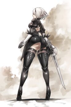 1girl 2b_(nier:automata) absurdres ass black_gloves black_hairband boots breasts commentary covered_eyes english_commentary from_behind full_body gloves hairband highres holding holding_sword holding_weapon long_sleeves medium_hair mole mole_under_mouth nier:automata nier_(series) puffy_short_sleeves puffy_sleeves short_sleeves solo sword thick_thighs thighhighs thighhighs_under_boots thighs wataad98 weapon white_hair