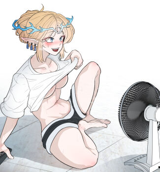 1girl absurdres alternate_costume barefoot black_shorts blonde_hair blue_eyes blush breasts cartethyia_(wuthering_waves) clothes_lift collarbone commentary controller crown_of_thorns earrings electric_fan english_commentary feet hair_up highres holding holding_remote_control hot jewelry knee_up looking_afar medium_breasts navel no_bra nort_muhehehe open_mouth pointy_ears remote_control shirt shirt_lift short_hair short_shorts shorts sitting smile solo stomach sweat sweatdrop tacet_mark_(wuthering_waves) teeth toes underboob upper_teeth_only white_shirt wuthering_waves