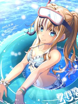 Rule 34 | 1girl, absurdres, akatsuki no kiseki, blonde hair, blue eyes, breasts, closed mouth, dated, eiyuu densetsu, highres, innertube, jewelry, long hair, looking at viewer, navel, smile, solo, sora no kiseki, swim ring, swimsuit, tinybiard, tita russell, twintails, water