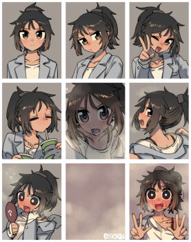 1girl =_= aroused blush bright_pupils brown_eyes closed_mouth drinking earrings ergot expressionless flirting formal_clothes grey_background heart heart-shaped_pupils implied_kiss jewelry looking_at_mirror looking_at_viewer messy_hair mirror multiple_views open_mouth original ponytail progression single_tooth steaming_body symbol-shaped_pupils tina_(ergot) undressing v white_pupils