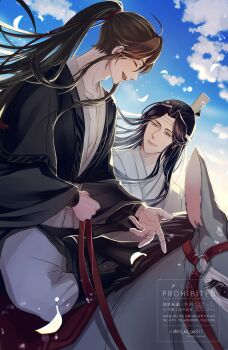 2boys absurdres ahoge animal bishounen black_boots black_hair black_hanfu blue_sky boots brown_hair chinese_clothes closed_eyes closed_mouth cloud cloudy_sky commentary_request couple day donkey falling_petals grey_pants grey_sash hair_ribbon hanfu headband high_ponytail highres holding holding_reins lan_wangji light_particles little_apple_(donkey) long_hair long_sleeves looking_at_another male_focus mi_ka_ge311 modao_zushi multiple_boys open_mouth outdoors pants pectoral_cleavage pectorals petals ponytail red_ribbon reins ribbon riding riding_animal robe sidelocks sitting sky smile topknot twitter_username watermark wei_wuxian white_hanfu white_headband wide_sleeves wind xiao_guan_(headdress) yaoi yellow_eyes