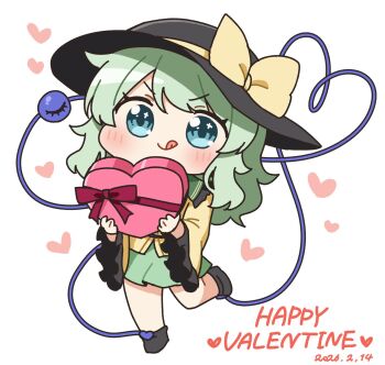 Rule 34 | 1girl, :q, black boots, black hat, blue eyes, blush, boots, bow, box, box of chocolates, chibi, chibi only, closed mouth, commentary request, dated, eyeball, frilled sleeves, frills, full body, green hair, green skirt, happy valentine, hat, hat bow, heart, heart-shaped box, heart of string, highres, holding, holding box, komeiji koishi, leg up, long sleeves, looking at viewer, shirt, simple background, skirt, smile, solo, suwa yasai, third eye, tongue, tongue out, touhou, white background, wide sleeves, yellow bow, yellow shirt