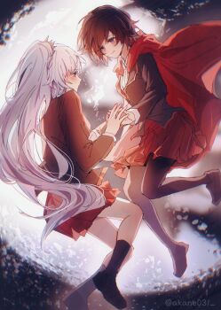 2girls akane031 artist_name black_pantyhose blue_eyes blush cape gradient_hair grey_eyes highres holding_hands long_hair midair moon multicolored_hair multiple_girls night pantyhose red_cape red_hair ruby_rose rwby scar scar_across_eye scar_on_face school_uniform short_hair sky weiss_schnee white_hair yuri