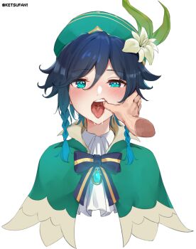 Rule 34 | 1boy, absurdres, aqua eyes, blue hair, blush, bow, bowtie, capelet, drooling, finger in another's mouth, flower, genshin impact, hair flower, hair ornament, hat, heart, heart-shaped pupils, highres, long hair, looking at viewer, low twintails, male focus, open mouth, saliva, solo, standing, symbol-shaped pupils, tam o' shanter, teeth, tetsuffy (tetsulul), tongue, tongue out, trap, twintails, upper teeth only, venti (genshin impact)