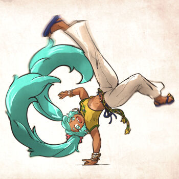 1girl blue_eyes blue_hair brazil brazilian_flag brazilian_flag_print brazilian_miku capoeira female_focus flag_print flip-flops happy hatsune_miku highres ironlily latin_american_hatsune_miku_(meme) long_hair sandals smile solo twintails