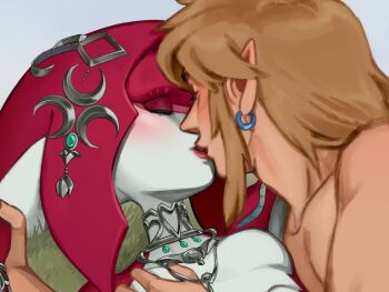 1boy 1girl blonde_hair breasts collarbone colored_skin earrings facing_another grey_background hair_ornament hetero jewelry kiss lilimoon_draws link long_hair mipha nintendo pointy_ears profile red_skin small_breasts the_legend_of_zelda the_legend_of_zelda:_breath_of_the_wild zora