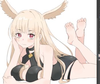 1girl arm_rest art_program_in_frame bare_arms bare_legs bare_shoulders barefoot black_choker black_one-piece_swimsuit blonde_hair blush breast_press breast_rest breasts casual_one-piece_swimsuit choker cleavage_cutout clip_studio_paint clip_studio_paint_(medium) closed_mouth clothing_cutout crossed_ankles elbow_rest fate/grand_order fate_(series) feathered_wings feet feet_up hair_between_breasts halterneck hand_on_own_elbow hand_on_own_face head_rest head_wings kaigan0211 large_breasts long_hair long_sidelocks looking_at_viewer lying on_stomach one-piece_swimsuit red_eyes sideboob sideboob_cutout sidelocks simple_background soles solo straight_hair swimsuit the_pose thrud_(fate) thrud_(swimsuit_assassin)_(fate) toes upturned_eyes valkyrie_(fate) white_background wings