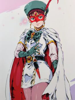 1girl aqua_bow aqua_bowtie aqua_gloves aqua_hat belt bishoujo_kamen_poitrine black_belt bow bowtie brooch brown_hair cape closed_mouth commentary_request cowboy_shot domino_mask earrings eye_mask feathers gem gloves grey_eyes hat hat_feather highres jewelry layered_sleeves long_sleeves mask murakami_yuuko pantyhose pink_shirt poitrine red_cape red_feathers red_gemstone shirt short_hair short_over_long_sleeves short_sleeves skirt smash_k-tarou smile solo sparkle standing tokusatsu two-sided_cape two-sided_fabric white_cape white_shirt white_skirt