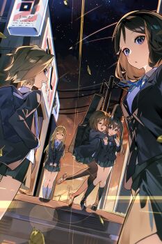 4girls :d ^_^ absurdres akiyama_mio animal_ears back bag black_eyes black_hair black_pantyhose black_socks blazer blonde_hair blue_bag blue_eyes blue_ribbon brown_hair building cat_ears city closed_eyes collared_shirt dutch_angle from_below grey_skirt guitar_case hair_between_eyes hair_ornament hairclip hands_up highres hirasawa_yui hiro_(yoshi_chan) ho-kago_tea_time hug_from_side instrument_case instrument_case_on_back jacket k-on! kneehighs leg_up lens_flare long_hair long_sleeves looking_at_viewer mary_janes miniskirt morning multiple_girls nakano_azusa neck_ribbon night night_sky open_mouth outdoors pantyhose parallel_hairclips pleated_skirt power_lines ribbon sakuragaoka_high_school_uniform school_bag school_uniform shirt shoes shooting_star short_hair skirt sky smile socks stairs standing star_(sky) starry_sky sunlight sunrise tainaka_ritsu v_arms white_shirt winter_uniform