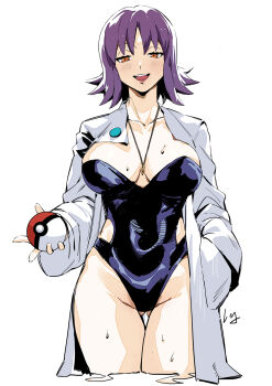 1girl breasts brown_eyes cleavage clothing_cutout club3 collarbone commentary_request curvy half-closed_eyes hand_in_pocket highleg highleg_one-piece_swimsuit highres hip_vent holding jewelry lab_coat large_breasts lips long_hair long_sleeves looking_at_viewer necklace nintendo one-piece_swimsuit open_mouth poke_ball pokemon pokemon_(anime) pokemon_(classic_anime) professor_ivy purple_hair simple_background solo strapless strapless_one-piece_swimsuit swimsuit swimsuit_under_clothes teeth thighs upper_teeth_only water water_drop wet white_background wide_hips