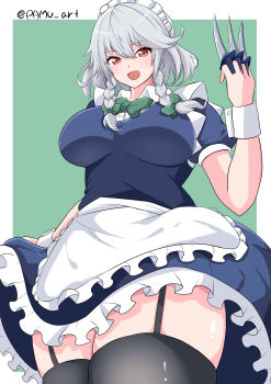 absurdres apron between_fingers blue_dress bow braid dress frilled_apron frills garter_straps green_bow grey_hair hair_bow highres holding holding_knife izayoi_sakuya knife knives_between_fingers looking_at_viewer maid maid_apron maid_headdress pamu_art red_eyes short_hair smile thick_thighs thighhighs thighs touhou twin_braids waist_apron